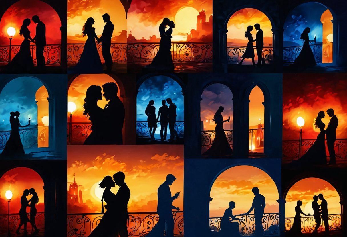 A captivating montage that blends romantic moments and intense, steamy scenes from popular TV shows. Include silhouettes of couples in passionate embraces, swirling scenes of love and tension, and subtle hints of iconic locations from various series like candlelit dinners or sultry dance floors. Use rich reds, deep blues, and golden tones to evoke warmth and desire, with a dreamy, soft-focus effect. painterly style. vibrant colors.