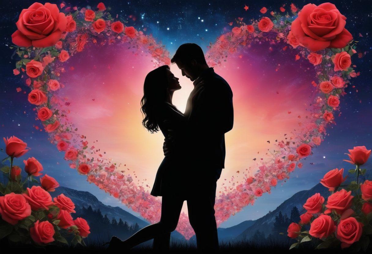A captivating collage featuring iconic romantic moments from various passionate TV shows, intertwined with heart shapes and vibrant, swirling colors that evoke feelings of love and affection. The background includes silhouettes of couples embracing under a starlit sky, accentuating the theme of romance. Add elements like roses and soft glowing lights to enhance the atmosphere. super-realistic. vibrant colors. dreamy background.