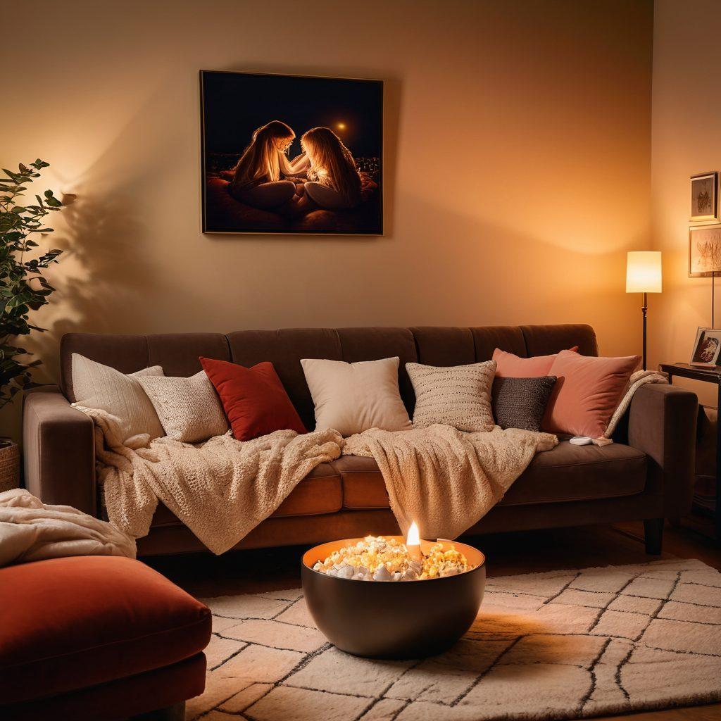An intimate living room scene with a cozy couch, soft blankets, and a glowing television displaying romantic moments from various TV shows. Surround the space with warm, ambient lighting and decorative elements like heart-shaped pillows and framed photos of couples. Include a bowl of popcorn and two glasses of wine on a coffee table to evoke a sense of togetherness. The atmosphere should feel inviting and emotionally resonant. super-realistic. warm colors. cozy ambiance.